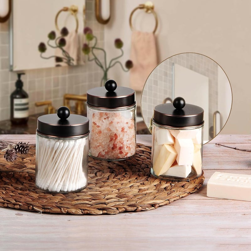 Komashr Apothecary Jar Canisters Bathroom Vanity Organizer - Qtip Holder Storage Organizer Countertop -Stainless Steel Lids &Cute Stickers for Qtips,Cotton Swabs,Makeup Sponges,Floss(3 Pack) (ORB) - Image 3